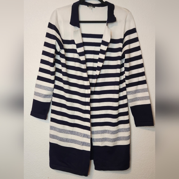 Vila Milano Striped Open Front Blue/White/Metallic Silver Cardigan, Size L - Picture 1 of 5